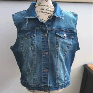 C'EST TOI | Women's Light/Med Wash  Button Down Stretchy Collard Jean Vest NWOT
